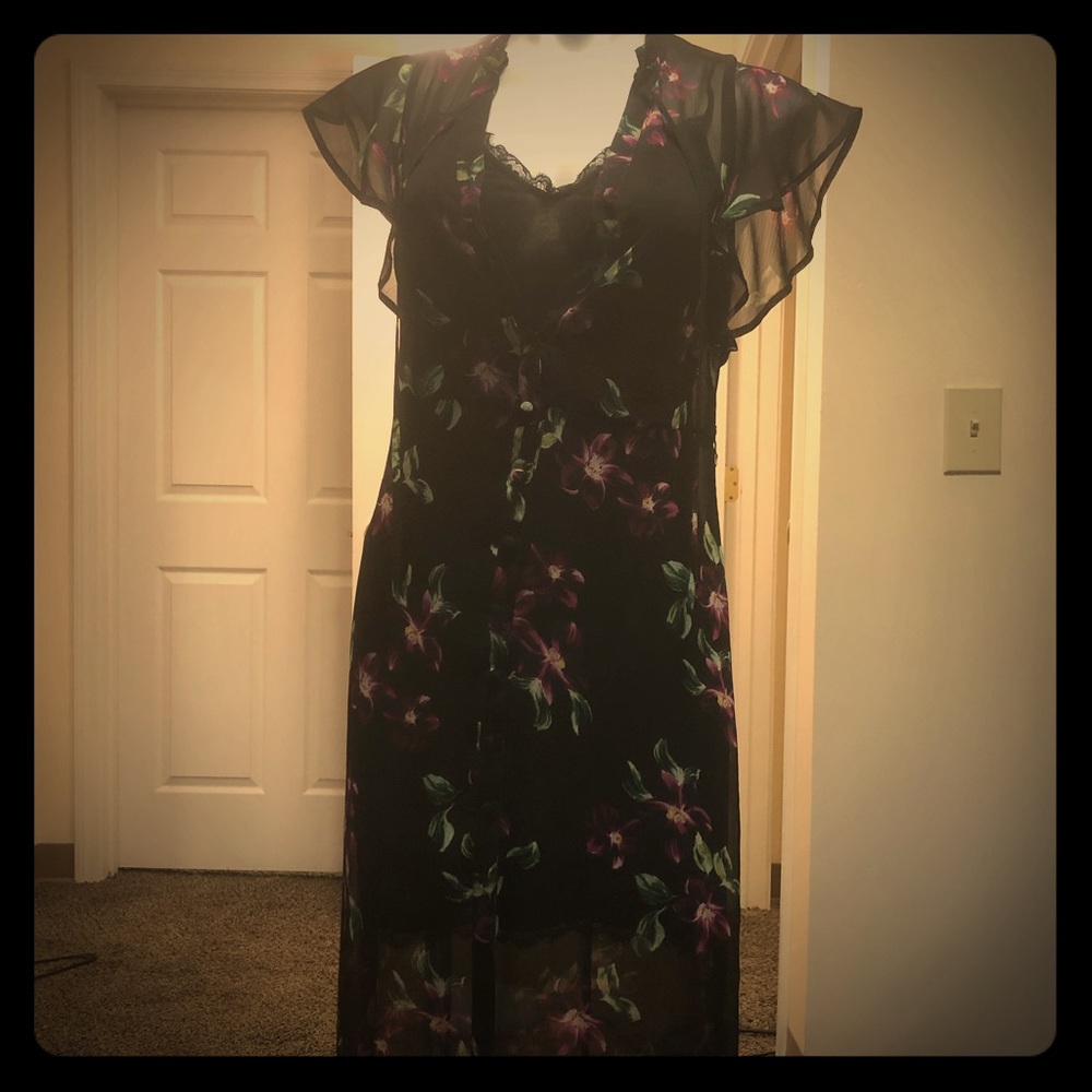 Black floral dress, two pieces.